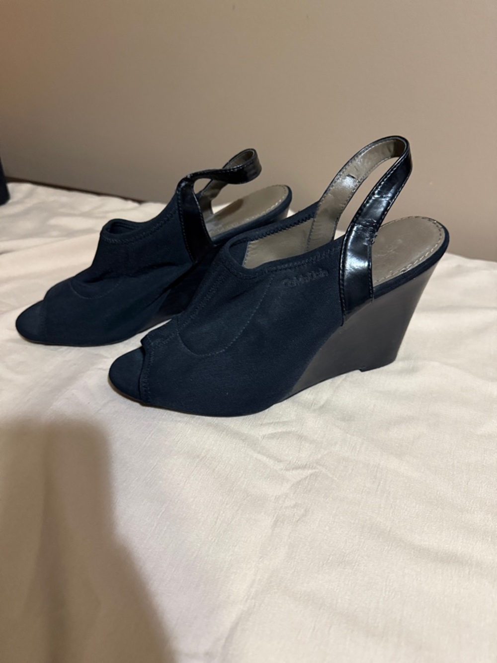 Calvin Klein Black Peep-Toe Slingback Wedge Heels